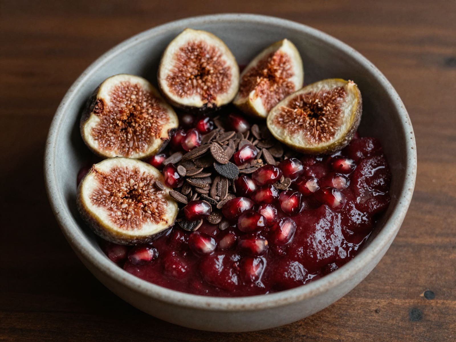 Bowl of dried figs, cacao nibs, and pomegranate seeds